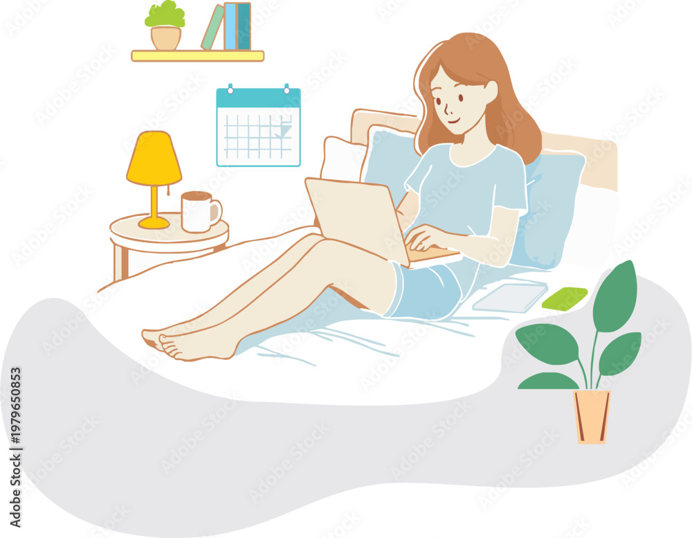 Obraz premium Work from home flat illustration a girl working on laptop in home