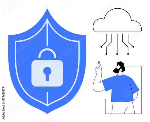 Cybersecurity, data privacy, cloud technology, secure access, online safety, digital protection. Blue shield with a lock, a cloud and a person holding a key. Cybersecurity and data privacy concept