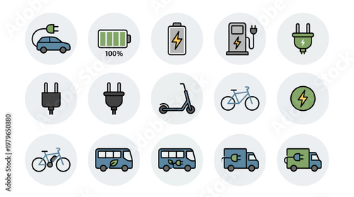 Eco-friendly electric transport icons: cars, scooters, bicycles, buses, trucks, charging stations, batteries, plugs, renewable energy, sustainability, clean future.