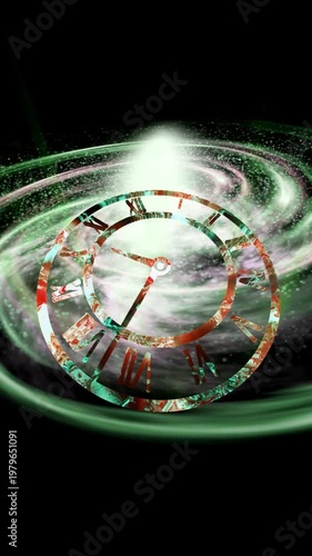 A surreal cosmic clock with rotating gears floats within a glowing galaxy, symbolizing the infinite flow of time, universal motion, and the connection between mechanics and the cosmos.
