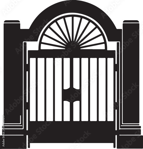Black and white silhouette of an arched garden gate with vertical bars and a sunburst fanlight