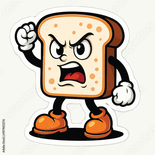 An angry cartoon slice of white bread with a raised fist is intensely yelling or shouting in a cute yet furious manner.