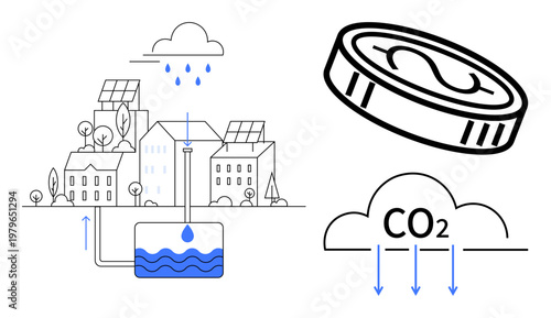 Environmental awareness, renewable energy, carbon reduction, sustainable development, green energy initiatives, eco-friendly solutions. Illustrated city with solar panels, rainwater collection, CO2