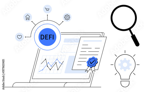 Decentralized finance concept. Icons for decentralized systems, digital certificates, and economic trends with graphs and settings. For blockchain, fintech, digital economy, cryptocurrency