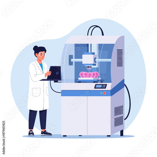 A scientist in a lab coat uses a laptop to control a sophisticated bioprinter creating organic tissue. Ideal for use in healthcare, biotechnology, and medical research marketing.