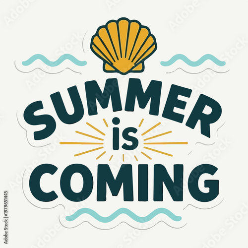 This cheerful seasonal sticker graphic announces 'Summer is Coming' with a golden seashell and serene blue waves, celebrating warm weather anticipation.