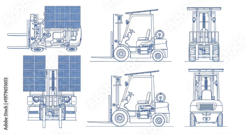 Solar Forklift Blueprint Vector – Blue Outline Warehouse Lifting Equipment Multiview Technical Drawing Industrial Design Isolated