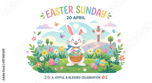 Easter sunday bunny holds colorful eggs in basket on joyful celebration background with cross and flowers on green grass
