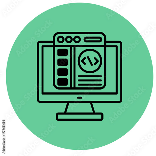 Free Download Vector illustration of a computer monitor displaying coding and web development on a green background - GFXLoad
