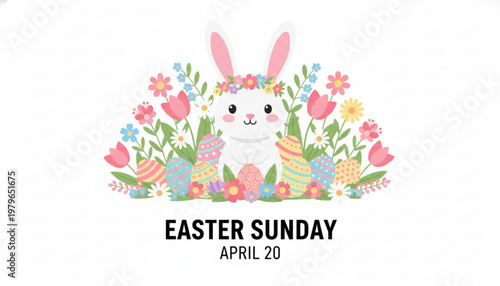 Easter sunday bunny surrounded by colorful flowers and eggs on white background with floral crown
