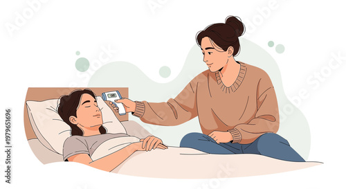 Mother checks child's temperature with infrared thermometer while child lies in bed, sick.