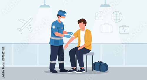 Medical professional checks patient's arm in airport health screening area