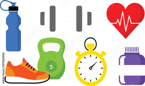 Fitness and workout icon set featuring water bottle dumbbell running shoe kettlebell stopwatch supplement bottle and heart rate symbol for gym and health design