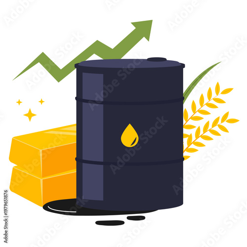 Vector illustration of a growing oil barrel with gold bars and wheat, symbolizing economic growth and prosperity