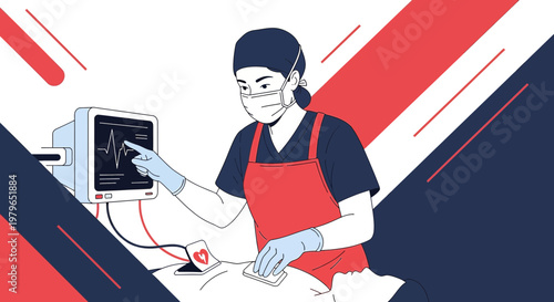 Medical Professional Performing Life Support on Patient with ECG Monitor in Operating Room
