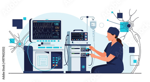 Medical Technology: Nurse Adjusts Anesthesia Machine Near Patient Monitor in Operating Room