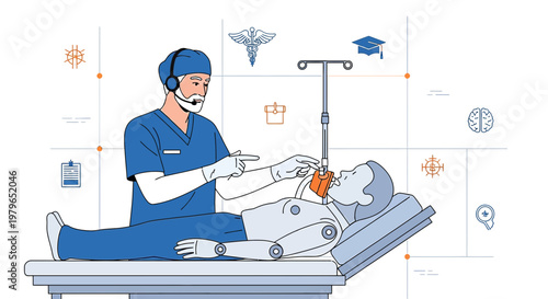 Medical Training Simulation: Surgeon Practicing Anesthesia on Mannequin with Digital Icons