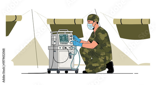 Military Medic Adjusts Ventilator in Field Hospital Tent