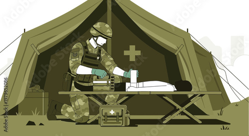 Military Medic Performs First Aid in Tent, Treating Injured Soldier on Stretcher