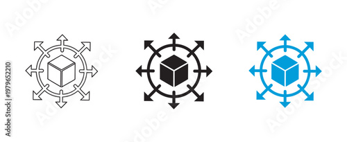 Distribution logistics icon set, central hub network shipping goods expansion supply chain UI design vector illustration