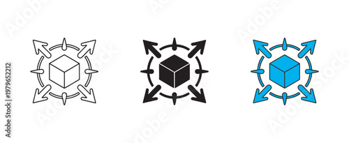 Distribution logistics icon set, central hub network shipping goods expansion supply chain UI design vector illustration