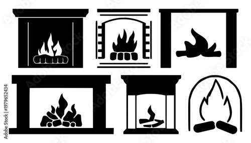 Fireplace icon set with solid black line illustration on white background featuring fire, stove, hearth with cozy and modern