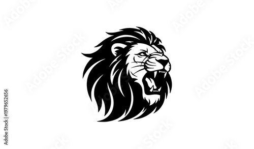 Stylized roaring lion head logo vector illustration in black and white for sports or fashion