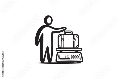 Traveler Weighing Luggage on Scale Before Flight – Airport Baggage Check Illustration for Travel Rules, Airline Policy, and Departure Preparation Content