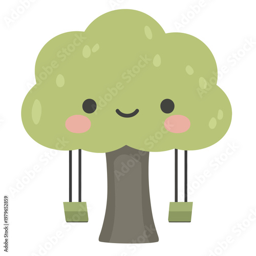A happy tree with a cute expression and dangling appendages against a pure white backdrop