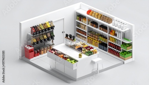 An isometric 3D miniature grocery store with organized bulk grain dispensers, spice jars, and colorful produce bins on white shelves.