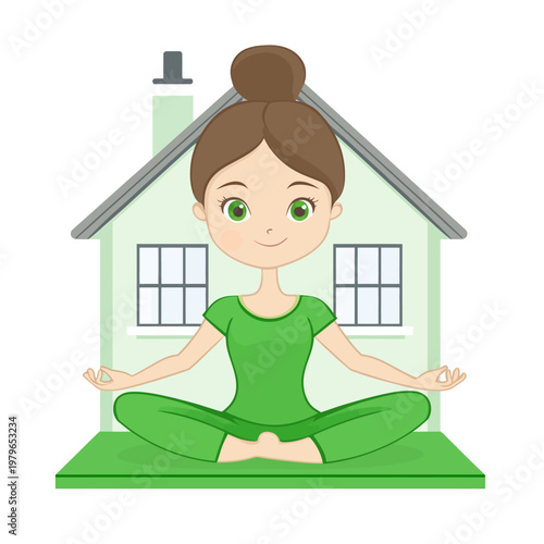Cartoon female in green outfit meditating on mat, house background. Doing yoga for wellness