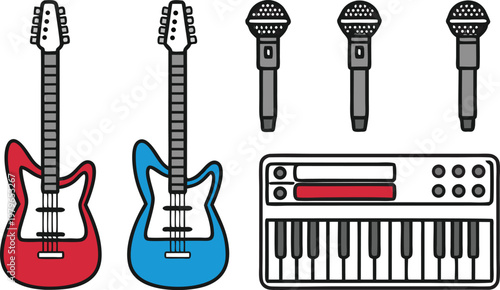 Rock Music Instruments Illustration Set. Rock Band Instrument Design Collection. Electric Rock Instruments Set. Rock Music Equipment Illustration Set. Band Instruments Rock Style Set. Rock Concert