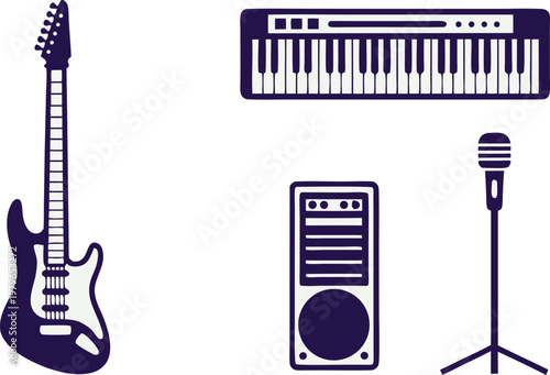 Rock Music Instruments Illustration Set. Rock Band Instrument Design Collection. Electric Rock Instruments Set. Rock Music Equipment Illustration Set. Band Instruments Rock Style Set. Rock Concert