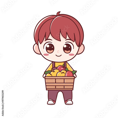 Cute cartoon boy holding a wooden basket full of fruits, smiling at the viewer