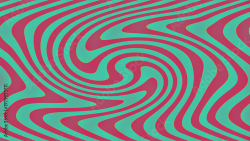 Abstract optical illusion background with turquoise magenta swirling wavy vortex lines, hypnotic spiral motion, and vibrant geometric decorative layout