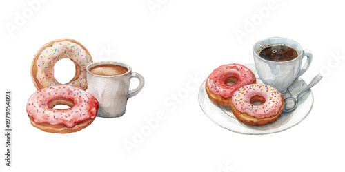 donut and coffee watercolor vector illustration