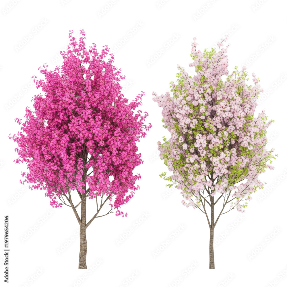 Fototapeta premium ultra realistic top-down view of two distinct sakura trees, vibrant fuchsia and delicate pale pink, isolated against a studio white background with copy space, concept of spring floral variety