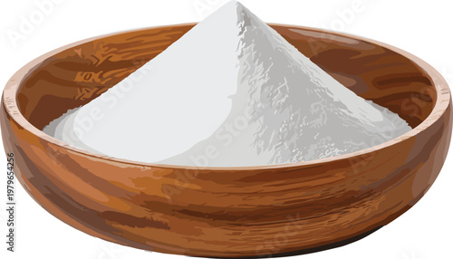 White powder flour or salt heaped in a rustic wooden bowl isolated on white background high quality vector illustration for cooking and baking design