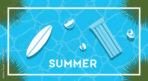 Summer, pool, icons, vector graphics, blue background, surfboard, sunglasses, beach balls, tropical feel