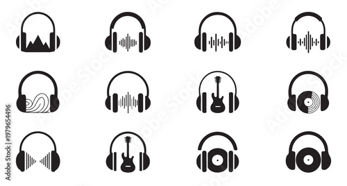 Set of Black Silhouette Headphone Icons with Musical and Audio Themes