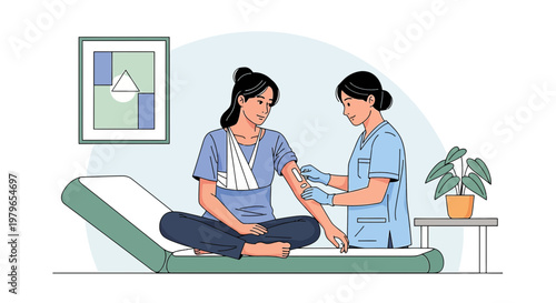 Nurse Administering Injection to Injured Patient with Arm Sling in Medical Clinic