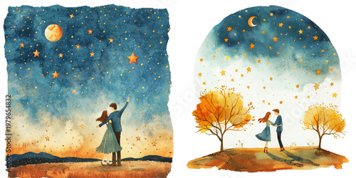couple dancing under the stars watercolor vector illustration