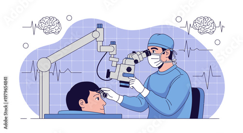 Neurosurgeon Performing Brain Surgery with Advanced Microscope in Modern Operating Room