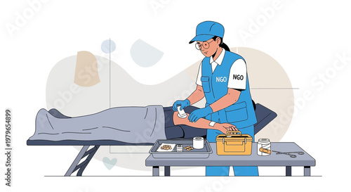 NGO worker provides medical aid, applying bandage to patient on examination table