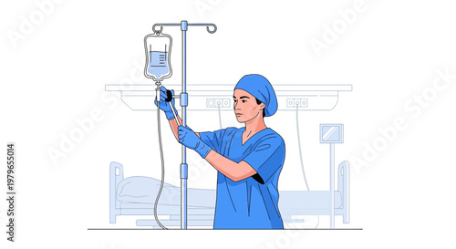 Nurse Adjusting IV Drip in Hospital Room with Patient Bed