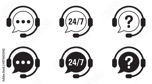 Modern Customer Support and Hotline Icon Set with Headsets