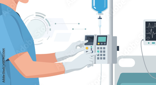 Nurse Adjusting IV Pump Next to Patient Bed with Monitor