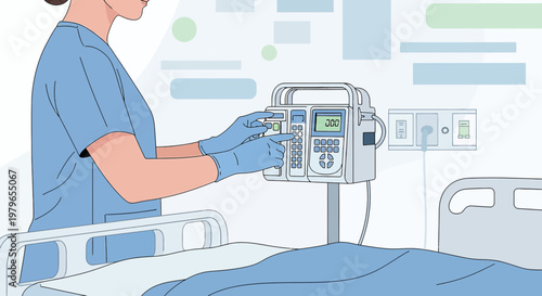 Nurse Adjusting IV Pump Next to Hospital Bed in Modern Healthcare Setting