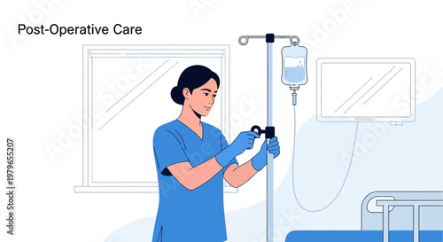 Nurse Adjusts IV Drip for Patient Receiving Post-Operative Care in Hospital Room