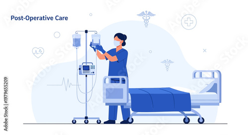Nurse Adjusts IV Drip for Patient in Post-Operative Care Room